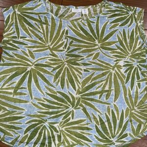 Sigrid Olsen Women's Linen Top Tee‎ Cap Sleeve Palm Print Large Blue Green Boho